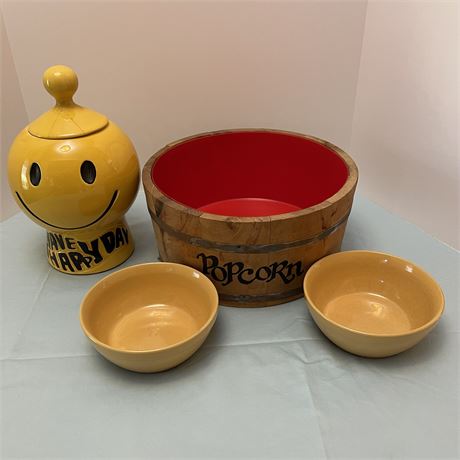 McCoy Cookie Jar, Spaulding & Frost Wooden Popcorn Barrel Bucket & Gibson Bowls