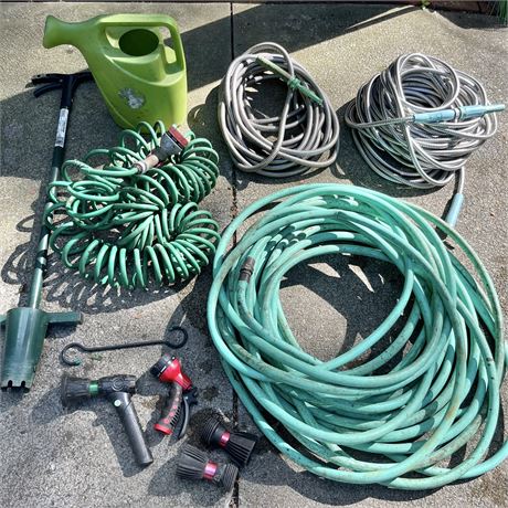 Garden Hoses, Watering Can, Hose Attachments, Bulb Planter Digger & Hanging Hook