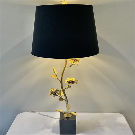 Hollywood Regency Metal Flowers on Heavy Solid Base Lamp / Black Fabric Shade