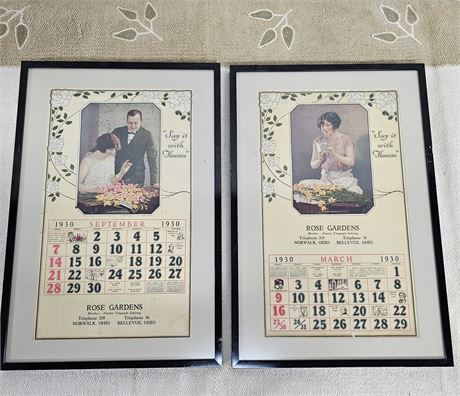 (2) 1930's Advertising Calendar Pages Framed in Heavy Duty Frames Lot 1
