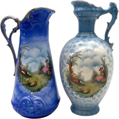 (2) Vtg Czechoslovakian Pastoral Scene Porcelain Ewers