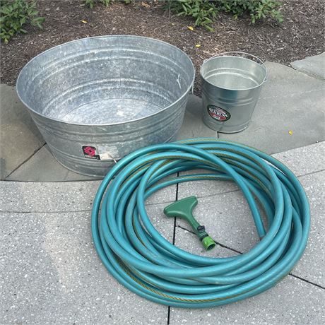 Garden Hose and Sprayer with Galvanized and Steel Buckets
