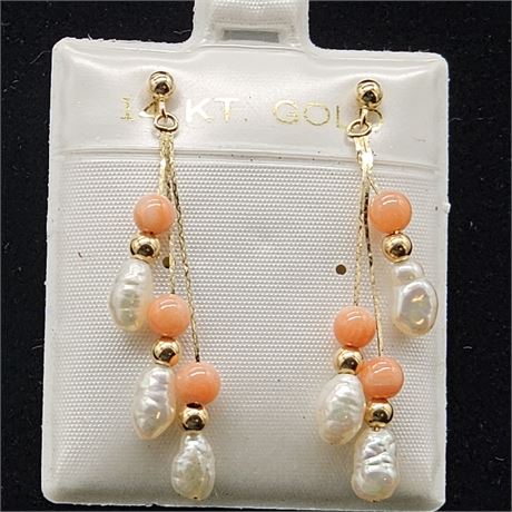 14K Gold~Beaded Dangle Drop Coral & Shell Bead Earrings