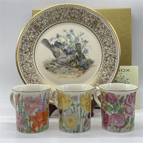 1978 Lenox Mockingbird Plate w/ 3 Flower Blossom Lenox Mugs