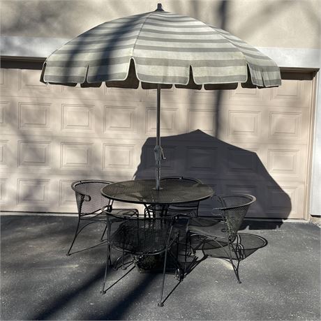 Russell Woodard Iron Table and 4 Chairs with Tilt Umbrella and Stand