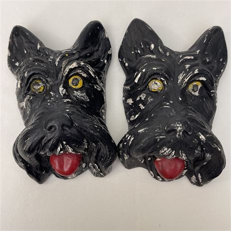 Pair of Scottie Dog Chalkware Face Wall Plaques
