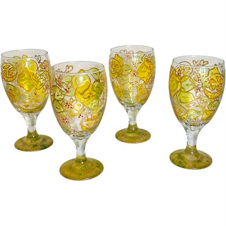 Signed Babett Hand Decorated Lemon Pattern Stemmed Goblets