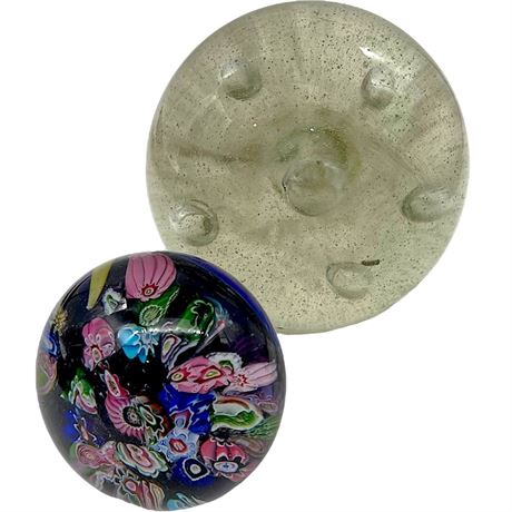 Antique Clear Controlled Bubbles Art Glass Paperweight & Millefiori Paperweight