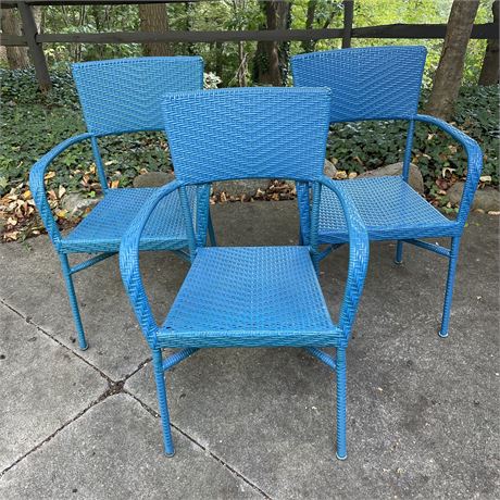 (3) Blue Wicker Patio Arm Chairs