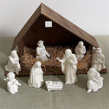 1950s Full Bee 9 pc Goebel Nativity with Wood Stable
