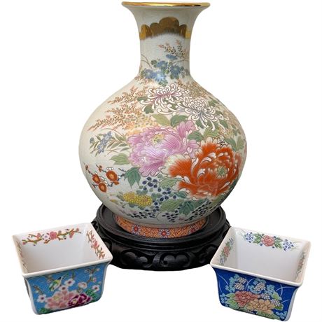Shibata Toki Chrysanthemum Japanese Vase & Cloisonne Hand Decorated Dishes