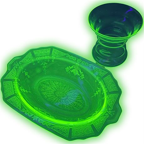 Green Etched Depression Glass Serving Dish and Glass Vase