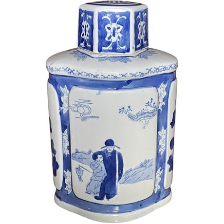 Oriental Chinoiserie Hand-Painted Ceramic Lidded Tea Caddy
