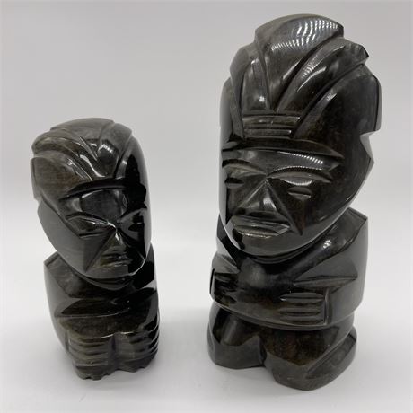 Pair of Vintage Obsidian Aztec Mayan Figurines