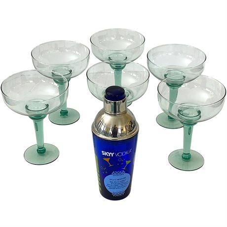 (6) Hand Blown Margarita Glasses w/ Vtg Skyy Vodka Cobalt Blue Glass Shaker