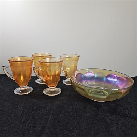 Amber Carnival Glass Bowl w/4 Matching Mugs