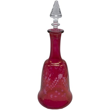 Vtg Etched Cranberry Glass Decanter w/ Stopper