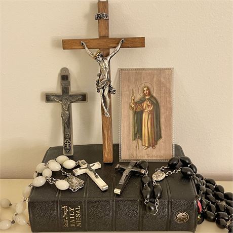 Vtg Crucifix's, Rosaries, Prayer Card & Saint Joseph Daily Missal