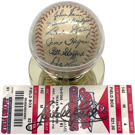 Julio Franco Indians Signed Ticket & '62 Yankees Team Stamped Signature Baseball