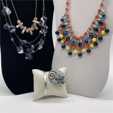 Colorful Beaded Necklaces with Silver Tone Bangle Bracelets and Brooch