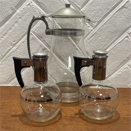 Glass Hinged Lid Coffee Carafe & 2 Small Glass Carafes w/ Silver Accents