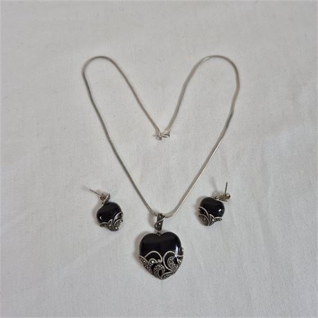 Vtg Sterling Silver Black Onyx & Marcasite Heart Jewelry Set