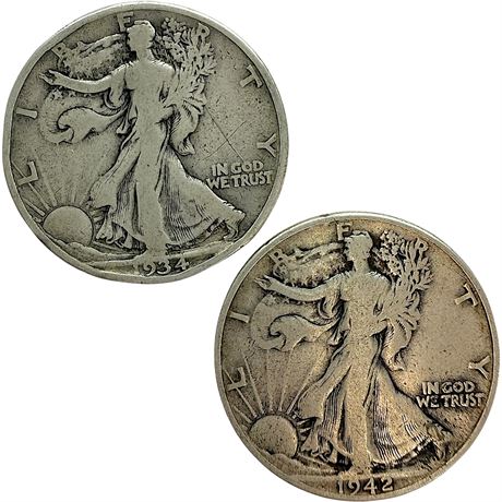 '34 & '42 Walking Liberty Silver Half Dollar Coins