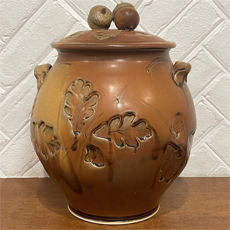 Large Signed Bauman Clay Pottery Pot with Lid - Fall Leaves and Acorns