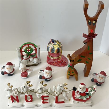 Christmas Decor w/ Napkin Holder Huggers, Candlestick Holder, Music Box and More