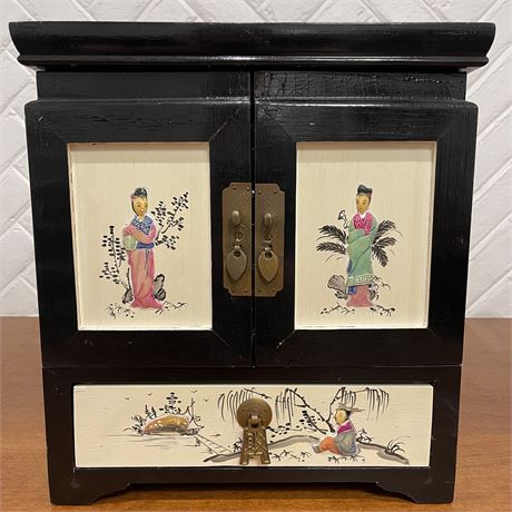 Vtg Hand-Carved Soapstone Black Lacquered Wood Oriental Jewelry Chest