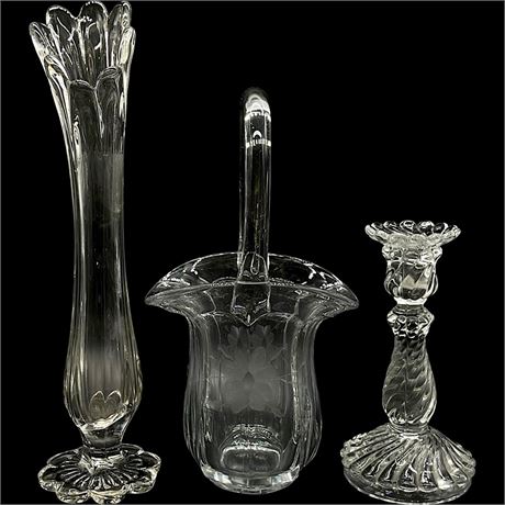 Swung Glass Bud Vase, Etched Glass Basket Vase & Swirl Crystal Candlestick