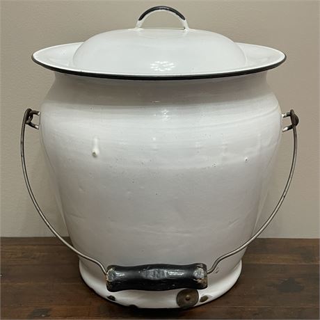 Large Vintage Enamel Pot with Lid and Swing Handle