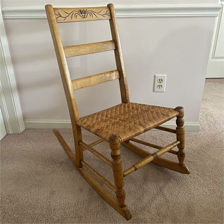 Vintage Petite Slat Back Rocking Chair with Bamboo Woven Seat