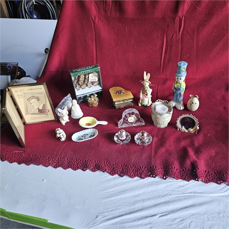 Collection of various small home decor items, including figurines, a picture fra