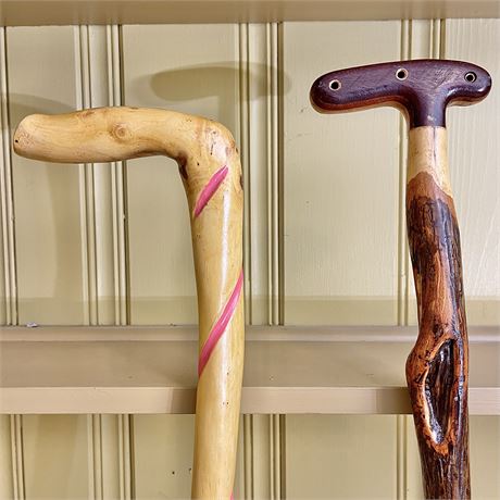(2) Vtg Hand Craved Wooden Canes
