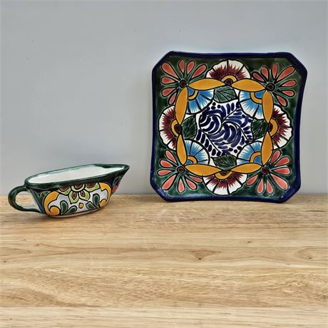Beautifully hand-painted mexican dish & gravy boat