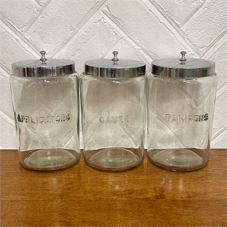 Set of 3 Vintage Embossed Glass Medical Canisters w/ Stainless Steel Lids