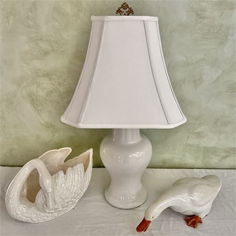 Crisp White Lamp with Swan Panter and Ceramic Duck