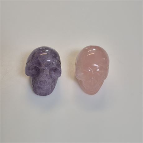 Hand‑Carved Amethyst & Rose Quartz Crystal Skulls Mini Gemstone Carving Duo