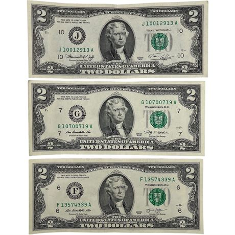 1976, 2009 & 2013 $2 US Federal Reserve Bank Notes