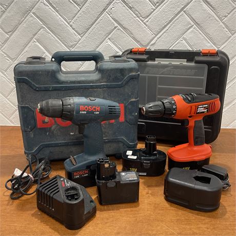 Bosch and Black & Decker Firestorm Drills with Batteries and Carry Cases