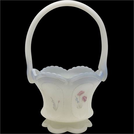 Vtg Fenton "Meadow Blooms" Frosted Milk Glass Basket - Signed