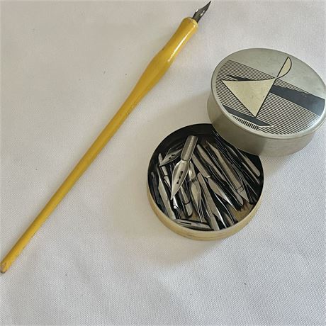 Vtg Dip Pen w/ Assorted Calligraphy Nibs in Tin