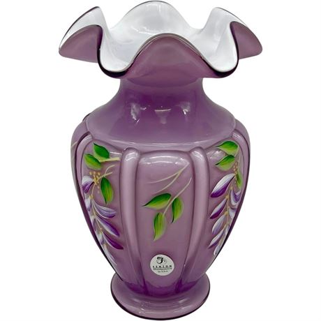 Signed Fenton "Wisteria" Hand Painted Overlay Ruffled Vase