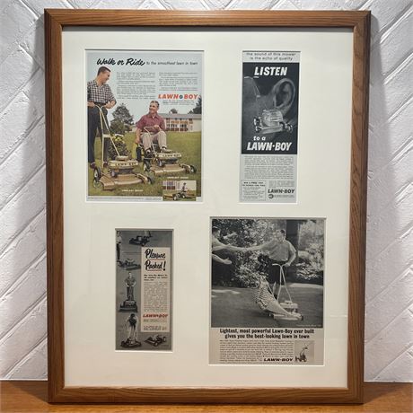 Vintage Framed Lawn Boy Magazine and Advertisement Clippings