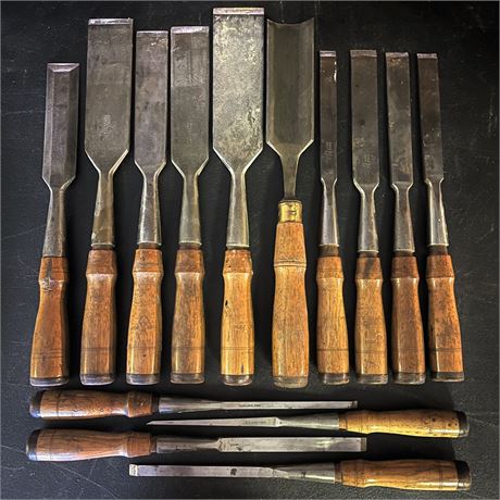Set of 14 Vintage Buck Bros. Wood Handled Cast Steel Chisels