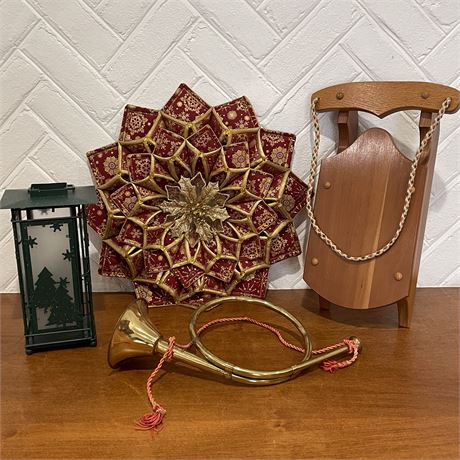 Hand Crafted Fabric Wreath, Brass French Horn, Wood Sled and Candle Lantern