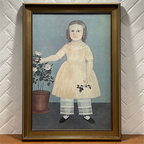 Vintage Samuel Miller Folk Art "Portrait of a Young Girl with Flowers" Print