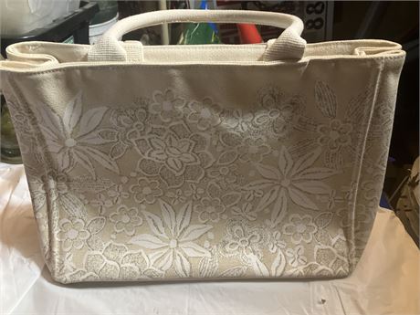Oscar de la Renta floral lace canvas tote bag.