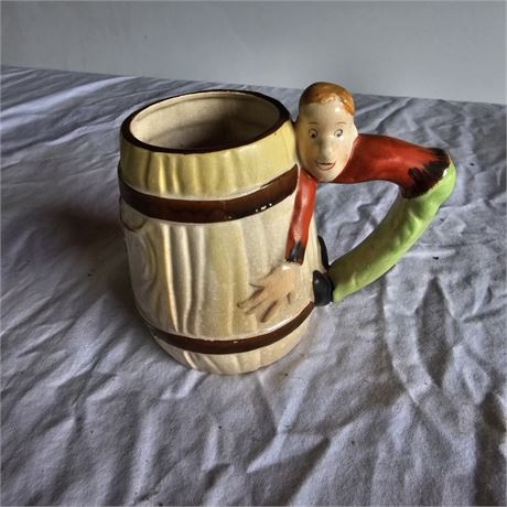Vintage Barrel Mug: Funny Man Handle, Steer Decor